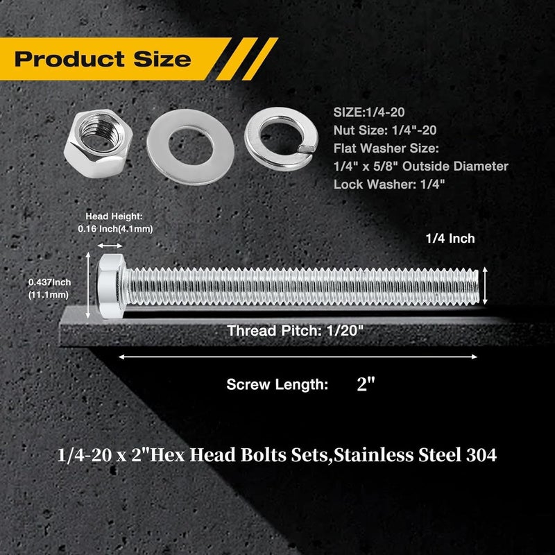 KATUNA (10Set) 1/4-20x2 Complete Set Hex Head Screw Bolts,Nuts,Fender Flat washers,Split Lock Washers,Fully Threaded, Stainless Steel 18-8（304）, Bright Finish. - Image 3